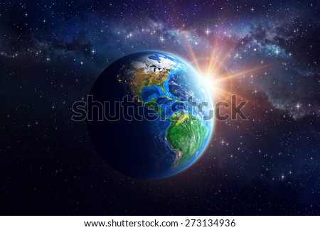 Illuminated face of the Earth in outer space. Detailed view of American continent. Elements of this image furnished by NASA