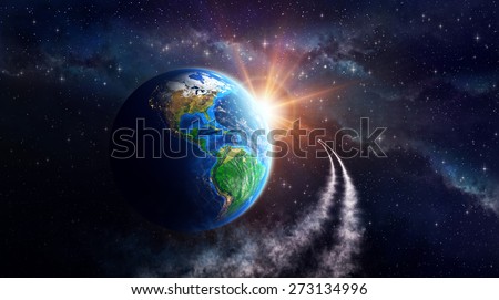 Illuminated face of the Earth in outer space, celestial body in orbit. View of American continent. Elements of this image furnished by NASA