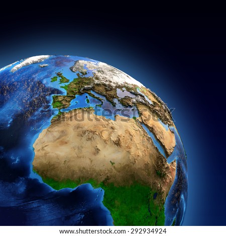 Detailed picture of the Earth and its landforms, view of European, African and Asian continent. Elements of this image furnished by NASA