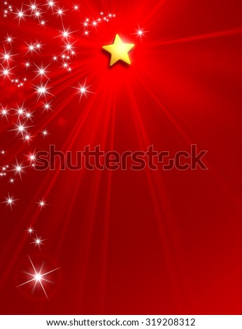 Glowing star on red background with starlight raining down
