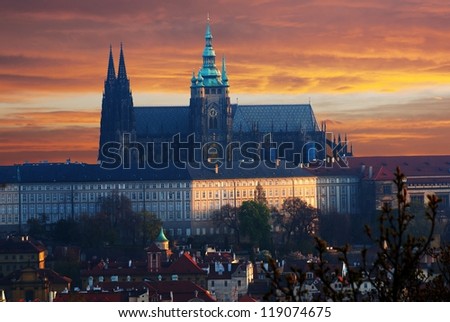 Colorful Prague gothic Castle (prazsky hrad) above the River Vltava in the morning, Czech Republic