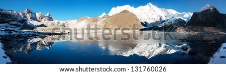 view of Cho Oyu mirroring in lake - Cho Oyu base camp - Everest trek - Nepal