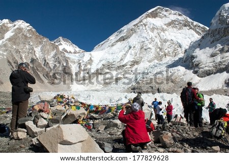 Mt. Everest, Nepal - Nov 15, 2010 Everest Base Camp, Khumbu Glacier And Tourists Celebrate Everest Base Camp -15th Of November 2010 - Nepal