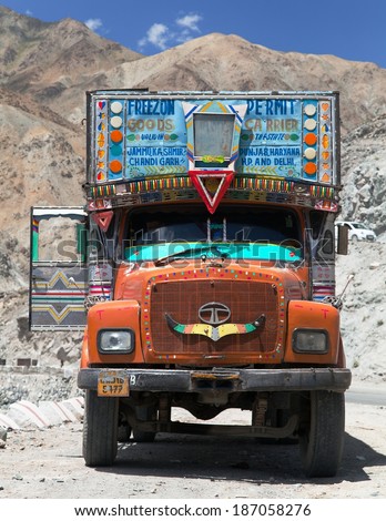 INDIA, LADAKH, CIRCA SEPTEMBER 2013 - Colorful truck in Indian Himalayas - Ladakh - Jammu and Kashmir.
