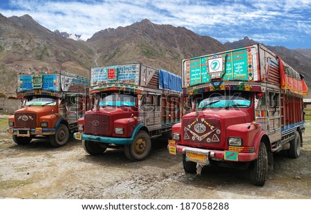 INDIA, LADAKH, CIRCA SEPTEMBER 2013 - Colorful trucks in Indian Himalayas - Ladakh - Jammu and Kashmir.