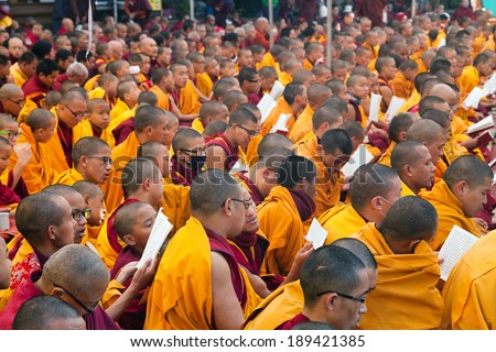Nepal, Kathmandu, Boudhanath stupa -17th of December 2013: meditation of Tibetan Buddhist Monks during festival