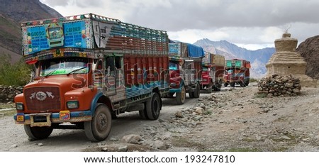 INDIA, LADAKH, CIRCA SEPTEMBER 2013 - Colorful truck brand TATA in Indian Himalayas - Ladakh - Jammu and Kashmir.