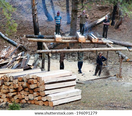 NEPAL, 25TH OF NOVEMBER 2013 - Men cutting timber by primitive method in western Nepal