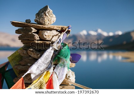 Tso Moriri Lake with prayer flags - Ladakh - Jammu and Kashmir - India
