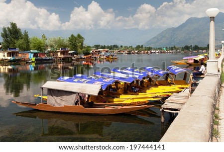 KASHMIR, INDIA - AUG 3 Shikara boats on Dal Lake with houseboats in Srinagar - Shikara is a small boat used for transportation in the Dal lake - 3rd of August 2013, Srinagar, Jammu and Kashmir, India