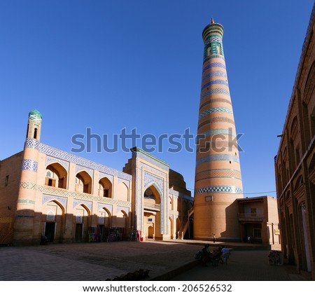 Islom hoja (Islam Xoja) minaret in Itchan Kala (Ichon Qala) - Khiva (Chiva, Heva, Xiva, Chiwa, Khiveh) - Xorazm Province - Uzbekistan - Town on the silk road