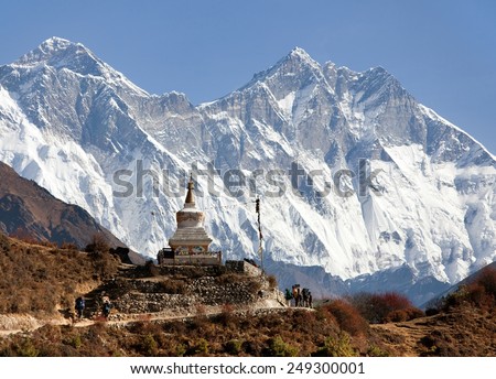 Stupa near Namche Bazar and Mount Everest, Lhotse and Nuptse south rock face - way to Everest base camp - Nepal