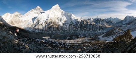 evening panoramic view of Mount Everest with beautiful sky and Khumbu Glacier - way to Everest basecamp - Nepal