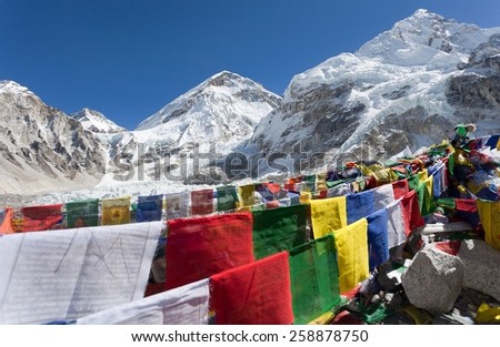 view from Mount Everest base camp with rows of buddhist prayer flags - Sagarmatha national park - Khumbu valley - Nepal