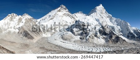 Beautiful view of mount Everest, Lhotse and nuptse from Pumo Ri base camp - way to Everest base camp - Nepal