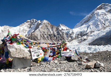 EVEREST BASE CAMP, NEPAL, 14th NOVEMBER 2014 - view from Mount Everest base camp with rows of buddhist prayer flags near Gorak Shep village - sagarmatha national park, way to Everest base camp - Nepal