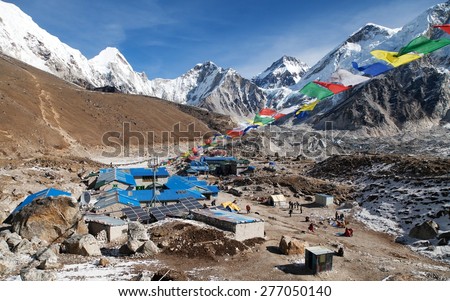 Gorak Shep village with prayer flags, way to Kala Patthar and Mount Everest base camp, Sagarmatha national park, Khumbu valley, Nepal