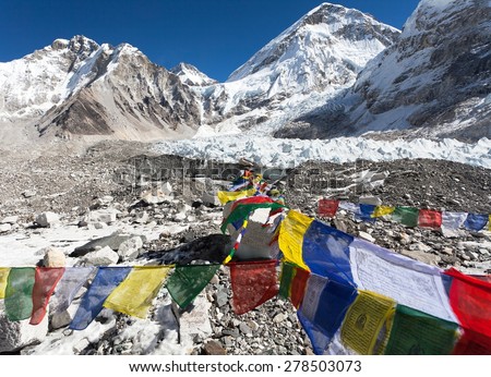 view from Mount Everest base camp with rows of buddhist prayer flags - Khumbu valley - Nepal