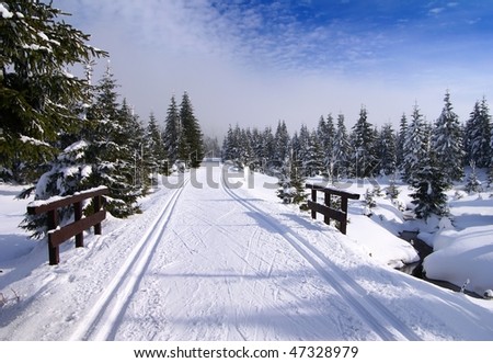 wintry landscape scenery with modified cross country skiing way