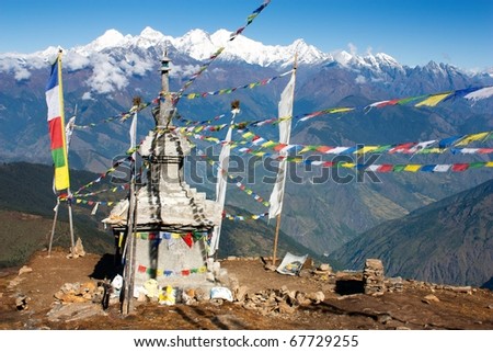 view from Langtang to Ganesh Himal vith stupa and prayer flags - Nepal