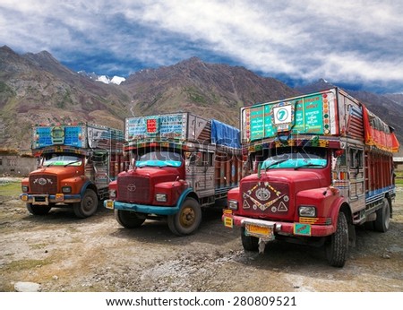 INDIA, LADAKH, CIRCA SEPTEMBER 2013 - Colorful trucks in Indian Himalayas - Ladakh - Jammu and Kashmir.