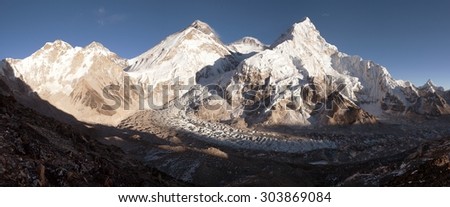 Panoramic view of Mount Everest, Lhotse and Nuptse from Pumo Ri base camp - way to Mount Everest base camp, Khumbu valley, Sagarmatha national park, Nepal