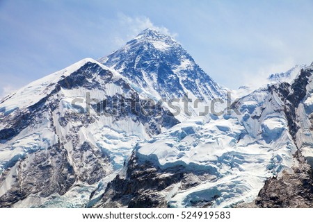 Mount Everest. View of top of Mount Everest from Kala Patthar way to mount Everest base camp, Everest area, khumbu valley - Nepal