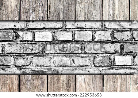 Empty wooden template with black and white brick wall inside texture.