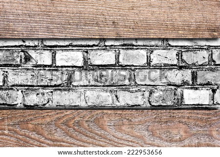 Empty wooden template with black and white brick wall inside texture.