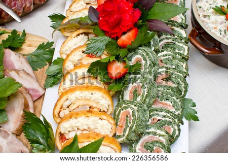 Wedding food tray. Catering food texture.