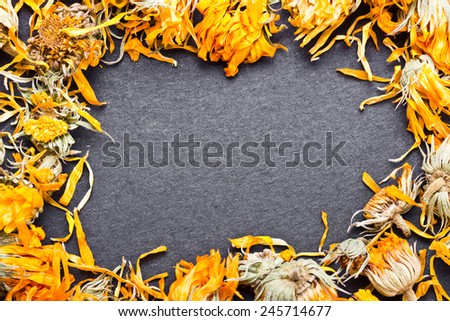 Yellow orange dry flowers on black surface in frame shape.