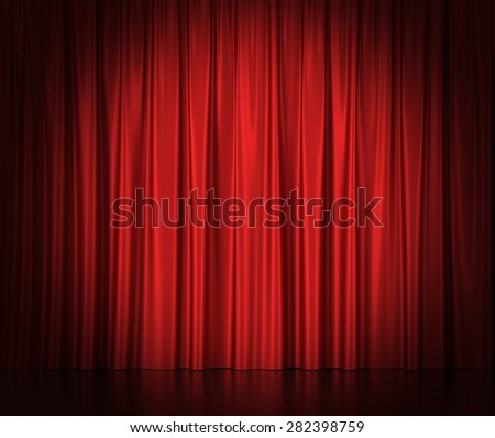 Red silk curtains for theater and cinema spotlit light in the center. 3d illustration High resolution