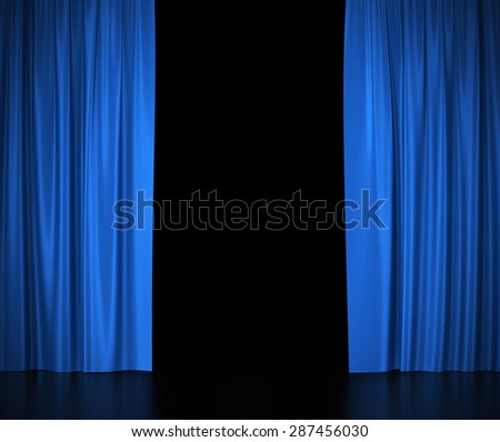 Open blue silk curtains for theater and cinema with a white background. 3d illustration High resolution