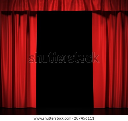 Open red silk curtains for theater and cinema spotlit light in the center. 3d illustration High resolution