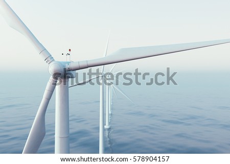 Wind farm turbines caught in sunset sky. Beautiful contrast with the blue sea. ecological concept, 3d rendering