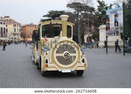 VERONA, ITALY - MARCH 17: A city sightseeing bus at Piazza Bra on March 17, 2015 in Verona.
