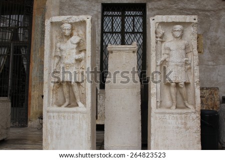 VERONA, ITALY - MARCH 18: Sarcophaguses of Roman soldiers in yard of Museo Lapidario Maffeiano at Piazza Bra on March 18, 2015 in Verona. From Verona, late Roman period.