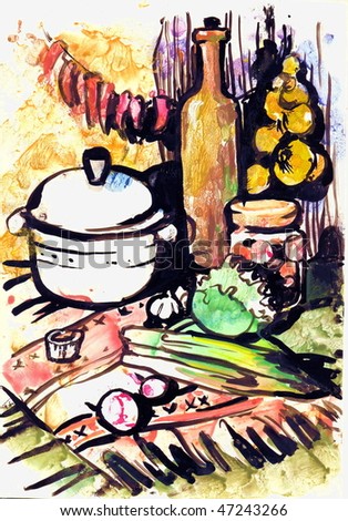 still life with a pan