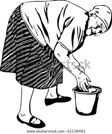 Grandma washes his hands in a bucket