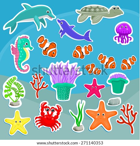 Under the sea animals vector illustration Cute sea creatures Cartoon animal stickers Starfish, jellyfish, dolphin, crab, turtle, sea anemone, clown fish, seahorse, coral, seaweeds vector illustration