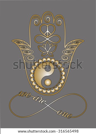 I love you note Love card Unity concept Mystic spiritual symbols Gold lines tattoo set: Buddha hand, Ying Yang symbol, Lotus flower, Infinity sign, Peace and love symbol, Metallic gold and black lines