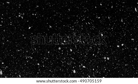 Falling down in slow motion real snowflakes from left to right, calm snow, shot on black background, matte, wide angle, ed animation, isolated, perfect for digital composition