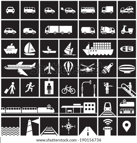 Transportation icons set - road, rail, water, air transport symbols & design elements.High contrast - White on Black