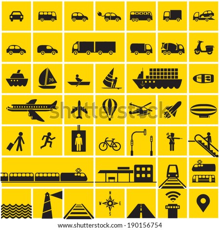 Transportation icons set - road, rail, water, air transport symbols & design elements. High contrast - Black on Yellow