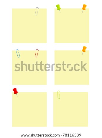 yellow blank papers with papers clips and pushpin over white background