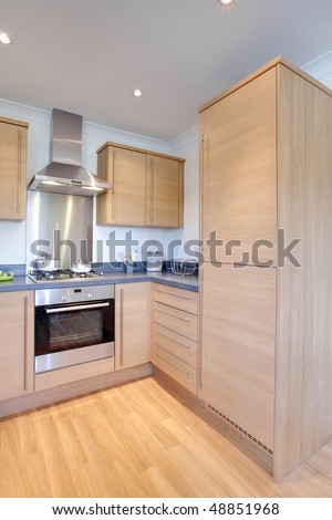 Modern chic kitchen with fitted appliances within small house or apartment