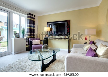 Contemporary lounge with stylish modern furniture dressed with brightly colored cushions