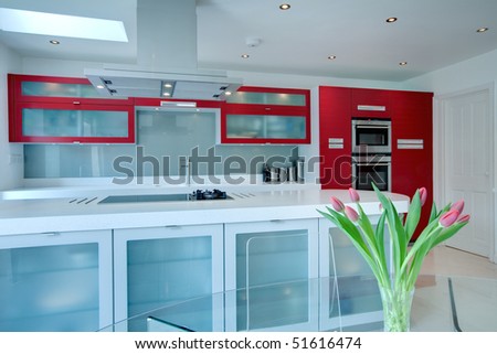 Minimalist modern kitchen in red and white with fitted appliances