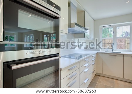 Architectural detail of chic modern kitchen with oven in the foreground
