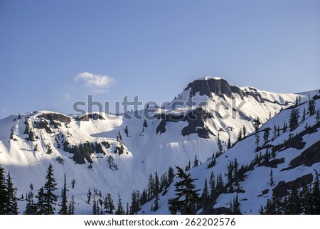 Snowy Mountains in Spring with Blue Sky